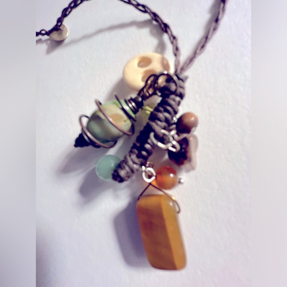 Necklace Vintage w Aventurine, Tiger Eye, Green Agate, silver beads 32” braided